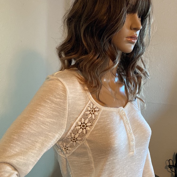 White, Lace detailed, Henley Style Shirt. Size Small. - Picture 2 of 8